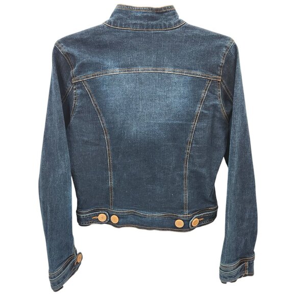 Anthropologie Tulle Jean Jacket Contrast Stitch Detail Button Front Nehru Collar - Picture 2 of 11